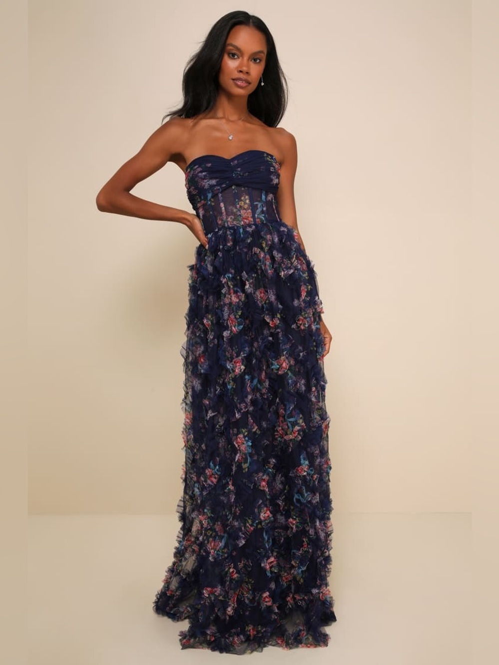 Lulus "Stunning Element" Navy Floral Mesh Ruffled Strapless Maxi Dress ✨